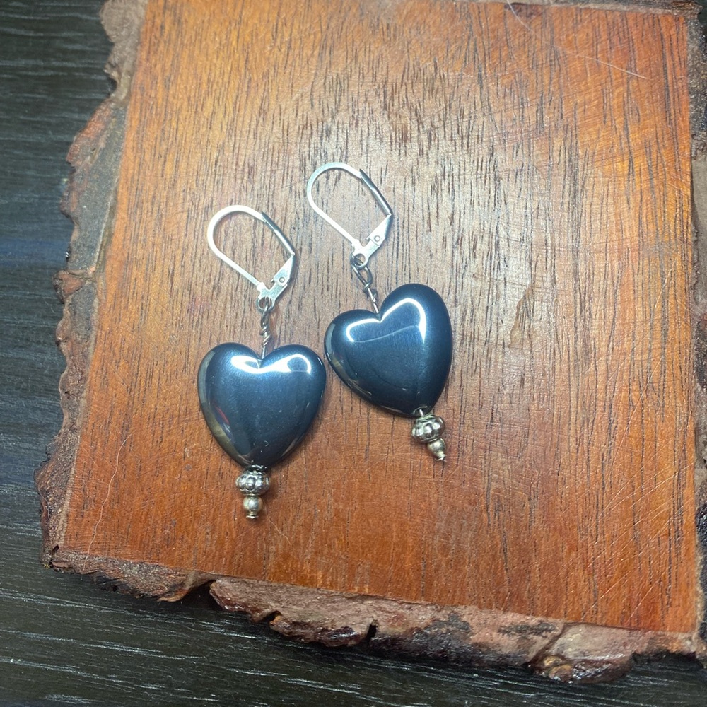 One of a Kind Handmade Heart Shaped Hematite Earrings
